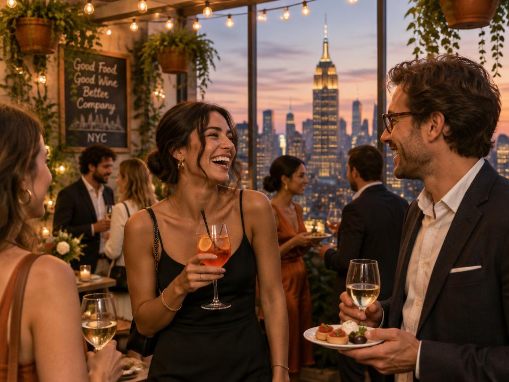 People mingling with wine and small plates at an evening rooftop gathering in New York