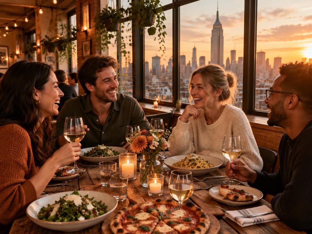 Friends sharing dinner around a warm restaurant table with the New York skyline behind them