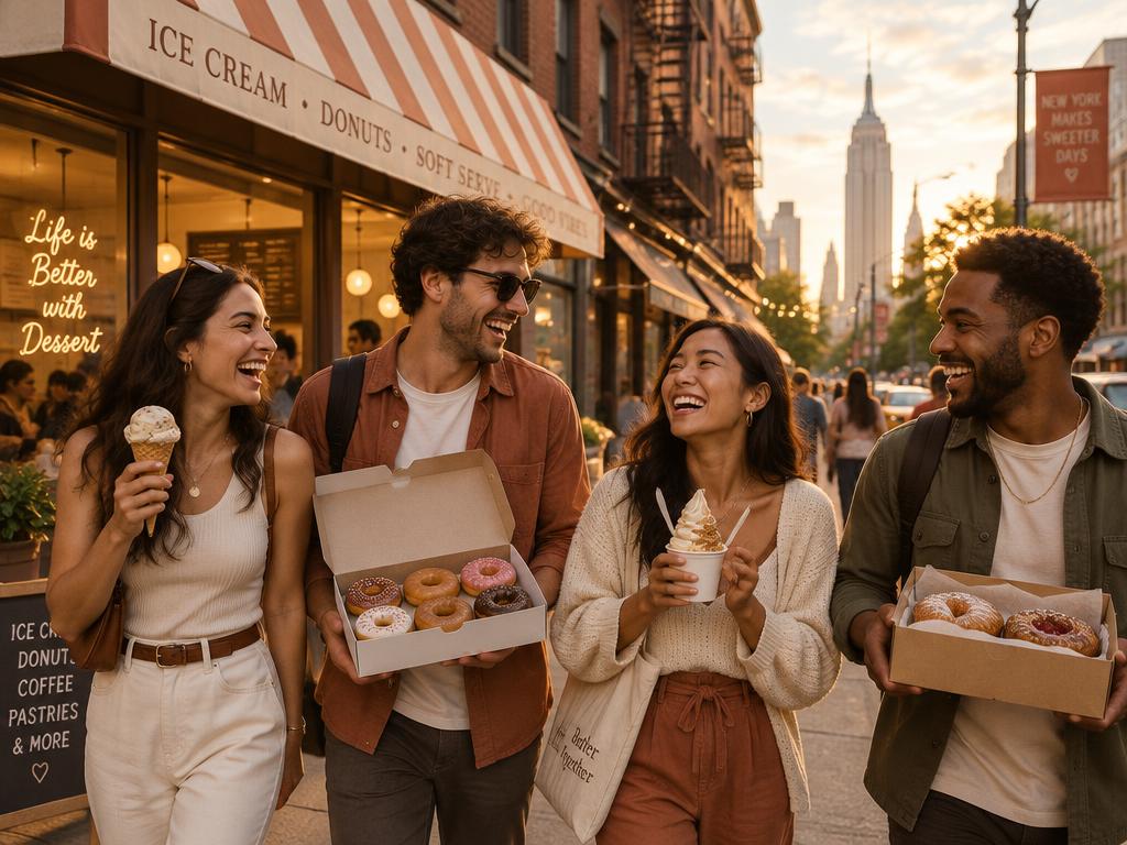 Friends walking a city street with ice cream and a box of donuts at golden hour